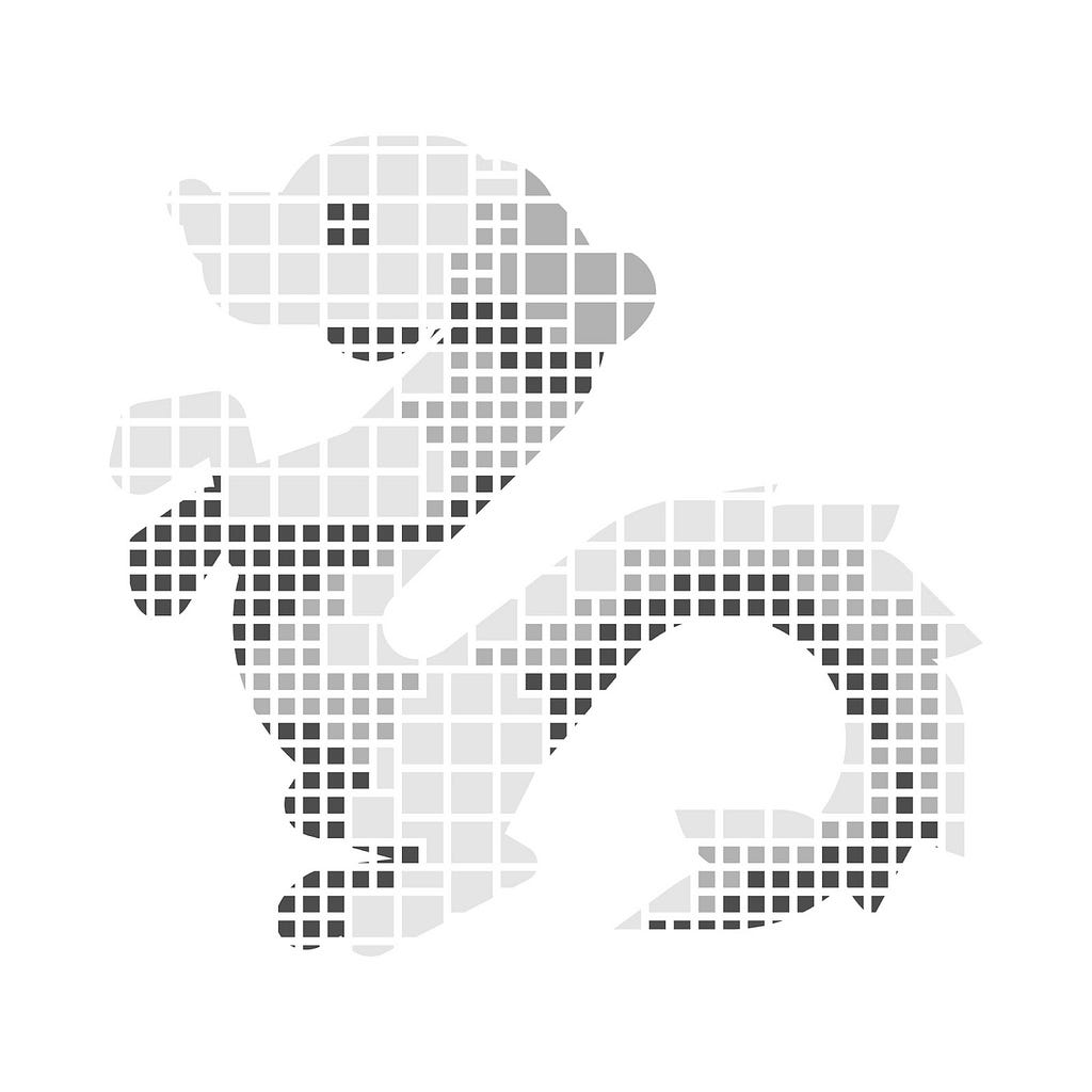 Logo for the Falkor project, a white and grey dog-dragon, stylized with macro blocks.