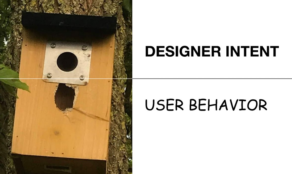 A birdhouse with the entry hole marked “designer intent.” A second, ragged, hole marked “user behavior” has been torn through the wall by a bird.