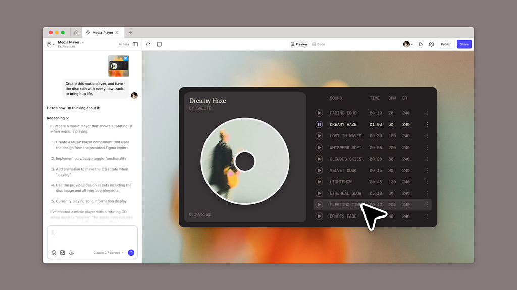 Example screen shot of Figma Make being used to create an interface for a user. The interface has been created by the user through the use of prompts, not the typical process of drawing and creating components.