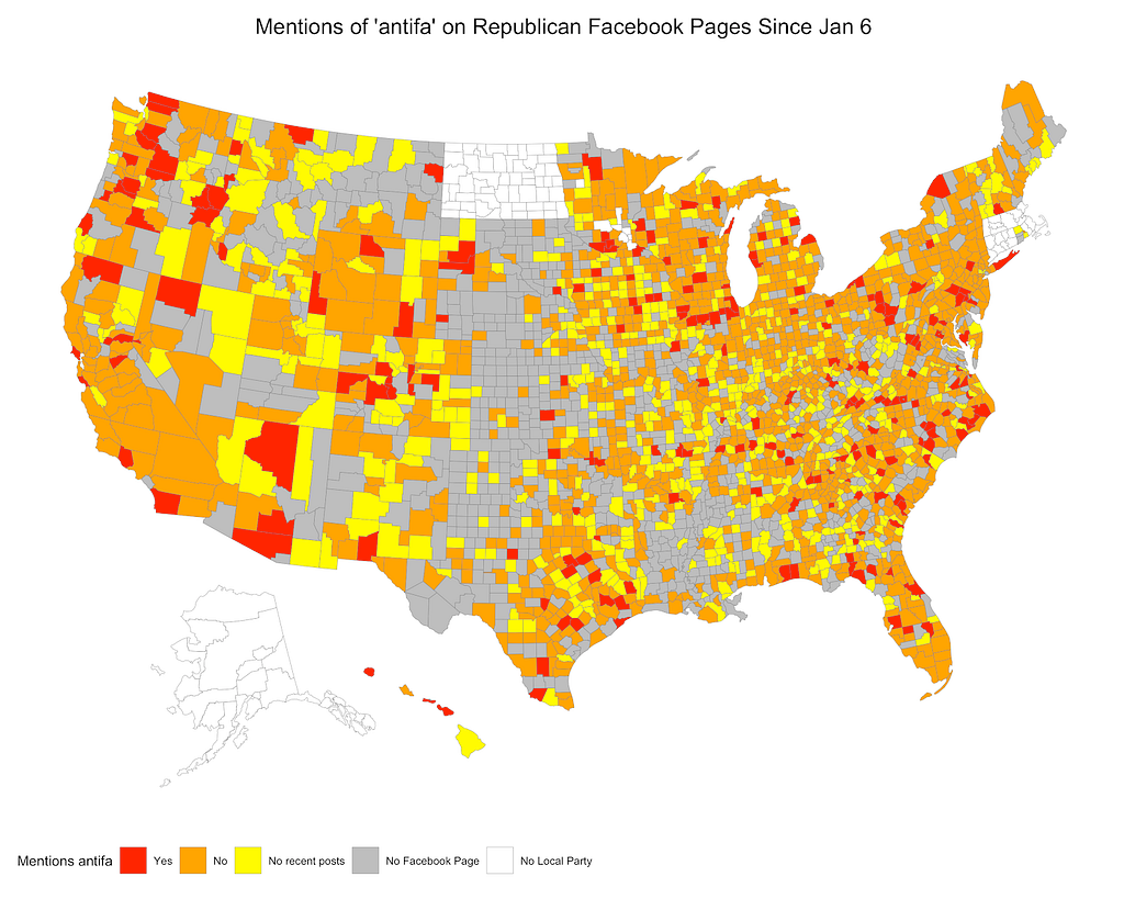 Map of the United States showing what counties have a Republican party Facebook page where there have been posts about antifa. Counties from across the US have had that and there is no clear pattern.