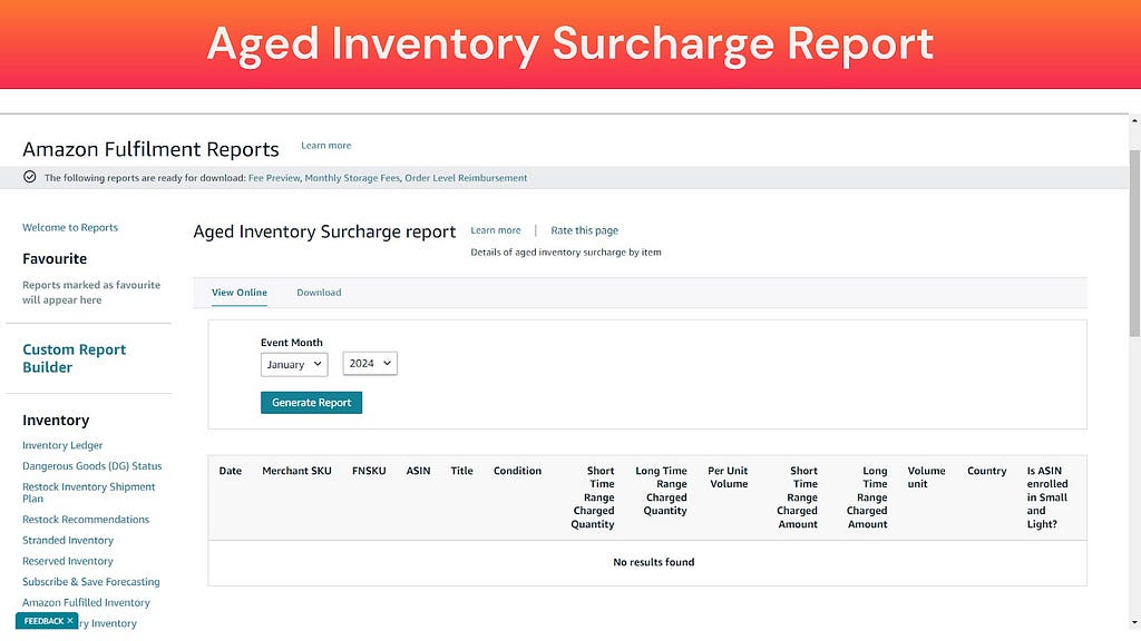 Screenshot of Amazon FBA Aged Inventory Surcharge Report