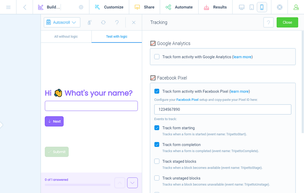 Tripetto form builder with Facebook Pixel