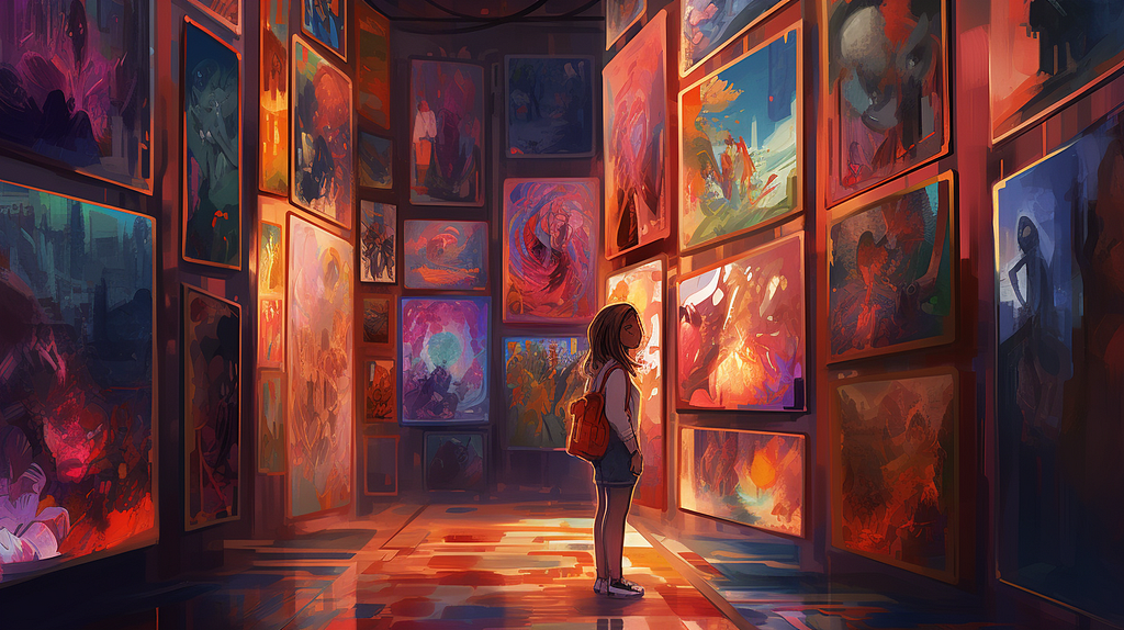 A colorful art gallery scene where a young girl with a red backpack stands admiring the paintings. The gallery is filled with an array of brightly colored abstract artworks that illuminate the room with a warm, inviting glow.