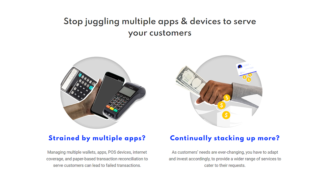 Infographic highlighting Waynbo’s problem statement for agents showing two images, one of a hand holding a device with text “Strained by multiple apps?” A second image shows a hand holding cash with text “Continually stacking up more?” Managing multiple wallets, apps, POS devices, internet coverage, and cash can lead to failed transactions with customers. Thus, there is a need to adapt and invest in a wide range of services that cater to their requests.