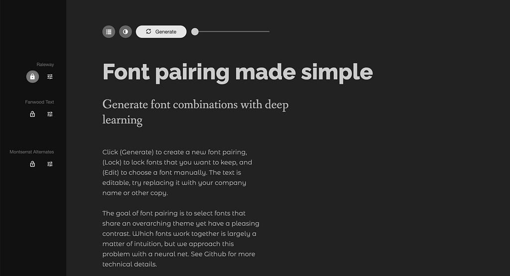 Fontjoy tool recommending a pairing of fonts Raleway with Fanwood Text and Montserrat Alternatives