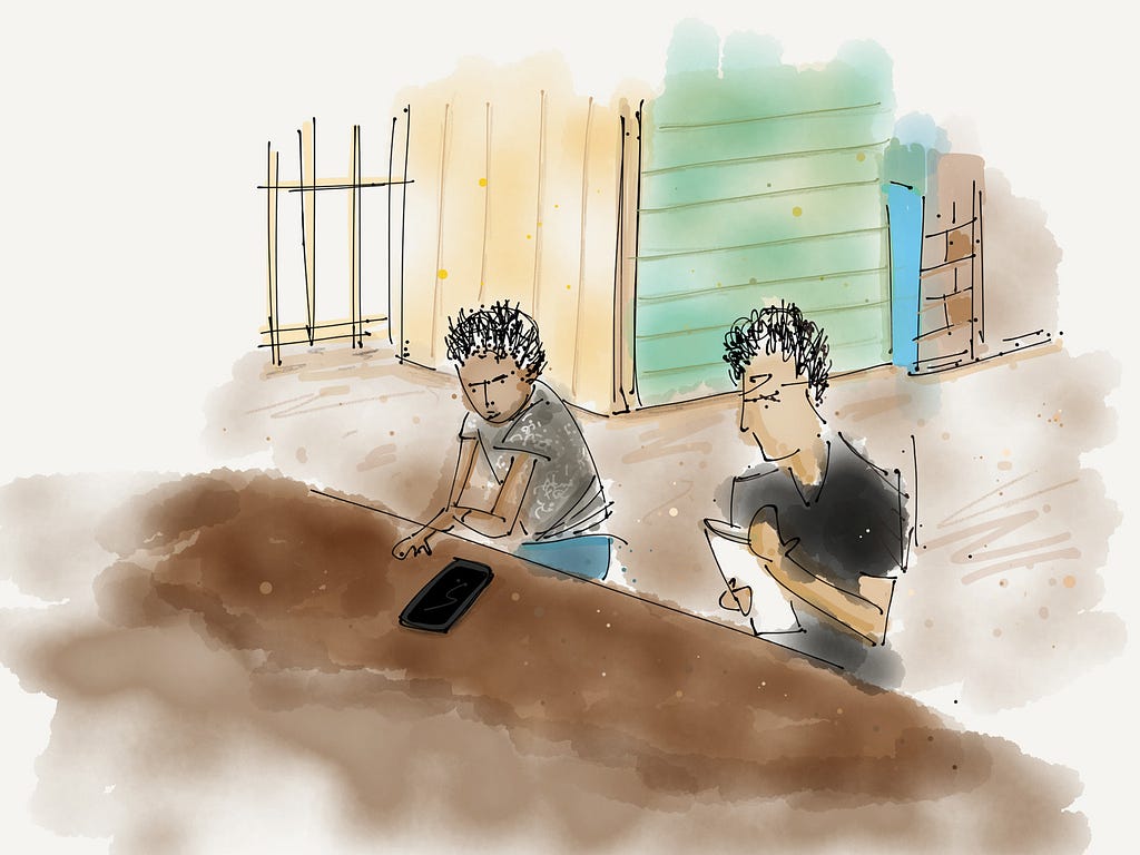 A handdrawn illustration of two people sitting next to each other at a table. they look like they are working deeply. one person is taking notes on a piece of white paper and another is looking at a tablet. in the background is a beige house and a fence.