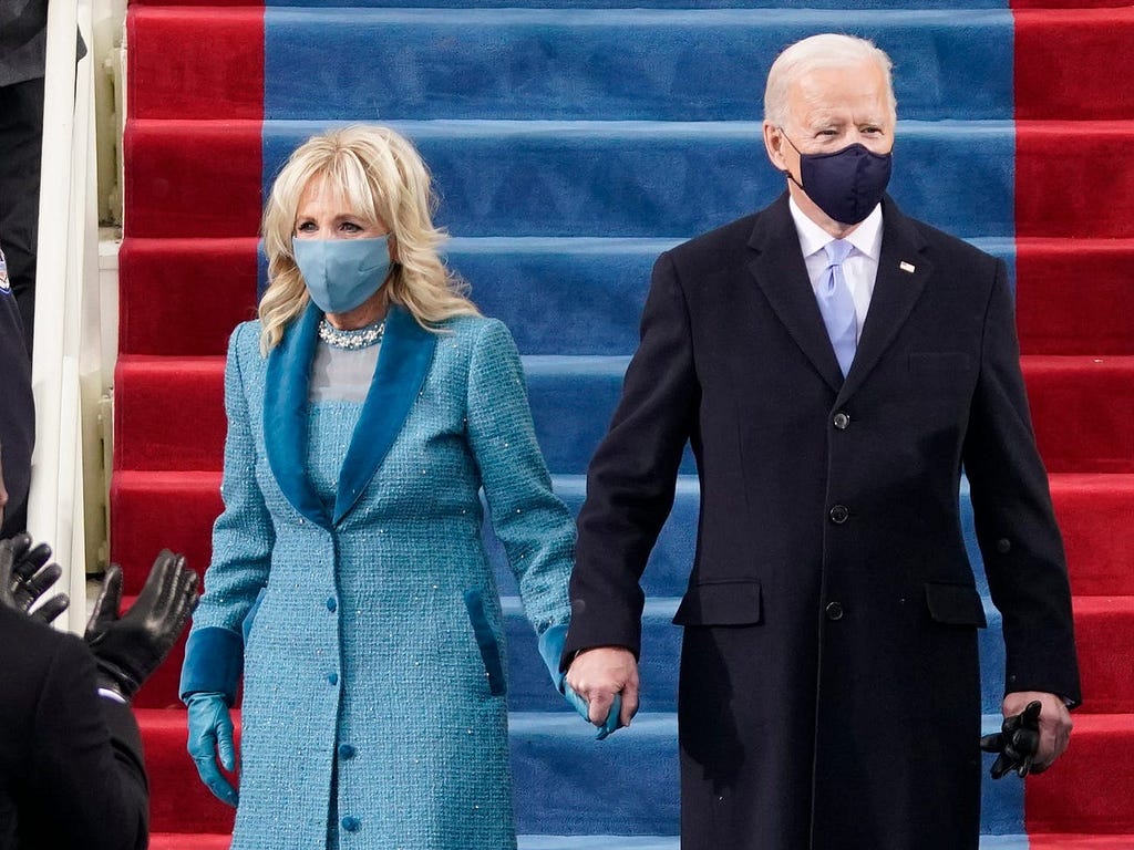 First lady Jill Biden and President Joe Biden both on January 20, 2021, at the US Capitol Building.