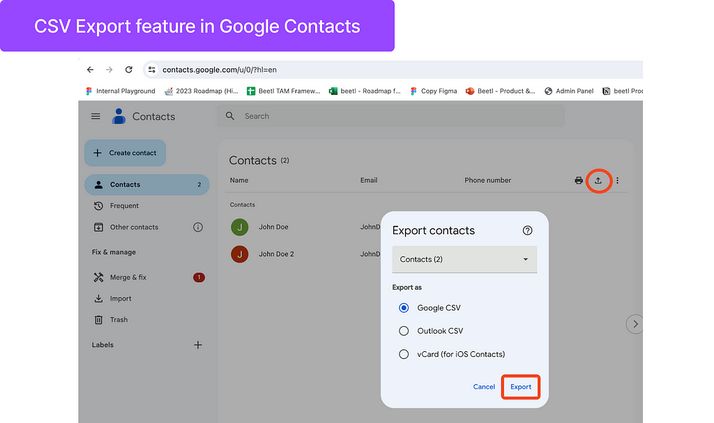An image is a screenshot of contacts.google.com, where user has clicked on the export button and sees a ‘Export CSV’ option.