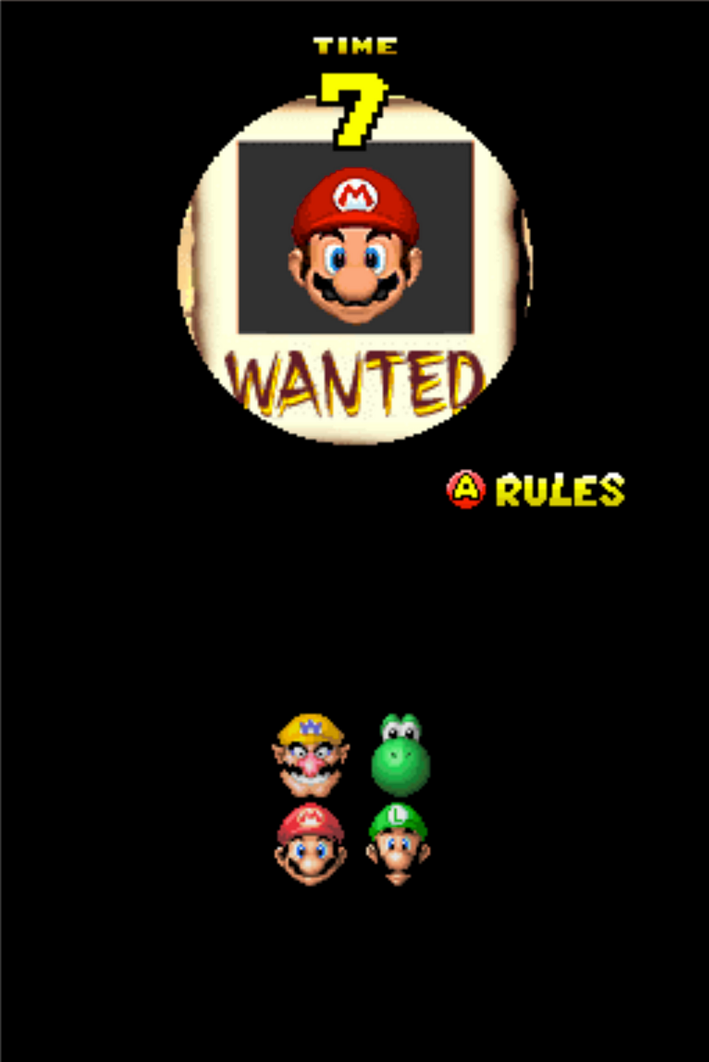 Screenshot of the “Wanted!” minigame. The character to search for is Mario, and there are only four characters on the screen. From top to bottom, left to right: Wario, Yoshi, Mario, Luigi. No character is occluded, they are just sitting there in a perfect square. The level is very easy.