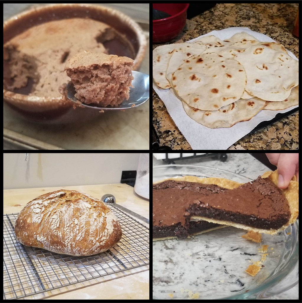 Examples of things I made including: pie, soufflé, tortillas, and bread