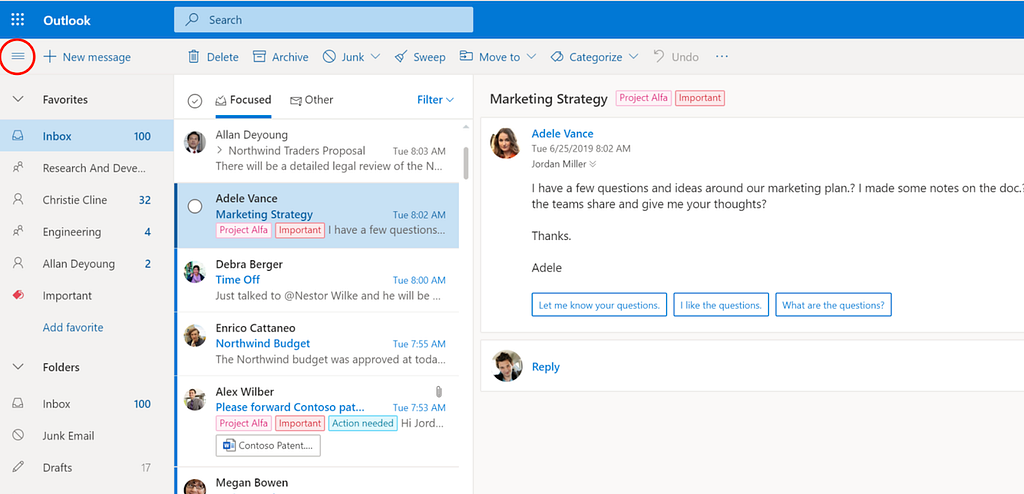 Screenshot von Outlook mit Hamburger-Icon, um Menü einzuklappen.