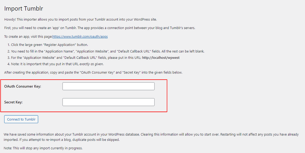 Paste consumer and secret key in import tumblr page