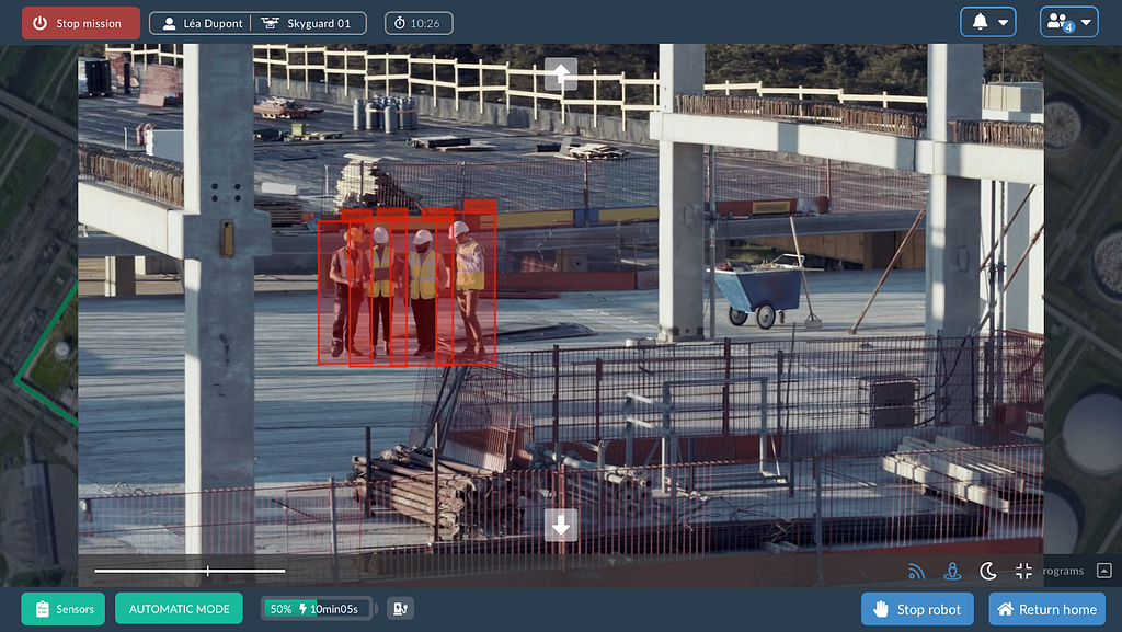 Figure 9: Real-time object detection (workers on a construction site) streamed directly from the drone to UAVIA’s web application. All the image processing, drone navigation, and object detection inference are processed in the autonomous drone.