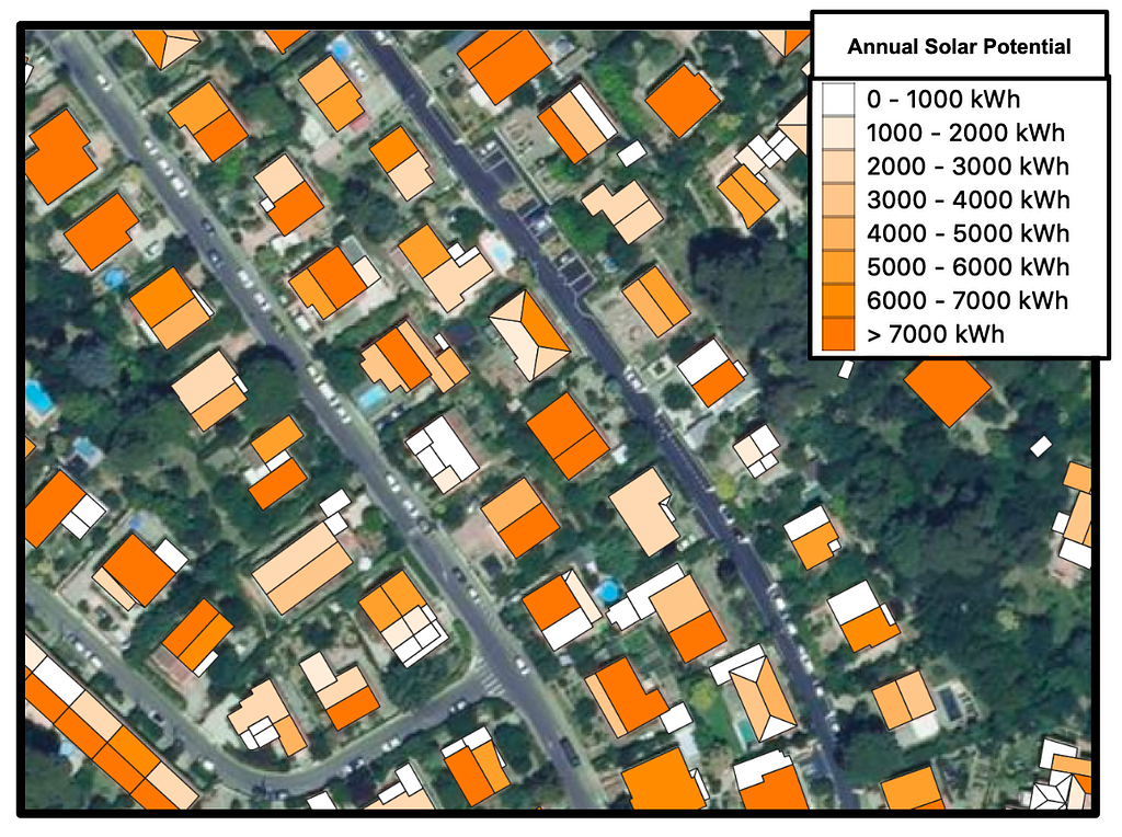An aerial view with rooftops coloured according to their solar potential
