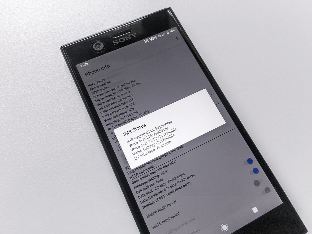 VoLTE IMS Status on a Sony Xperia XZ1 Compact