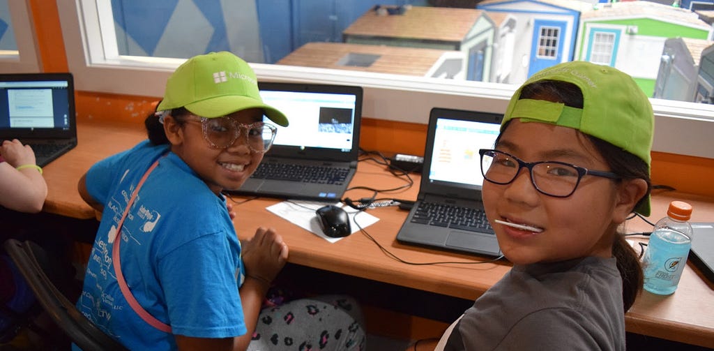 Girls coding at the Coder Dojo Indiana Hackathon on July 20