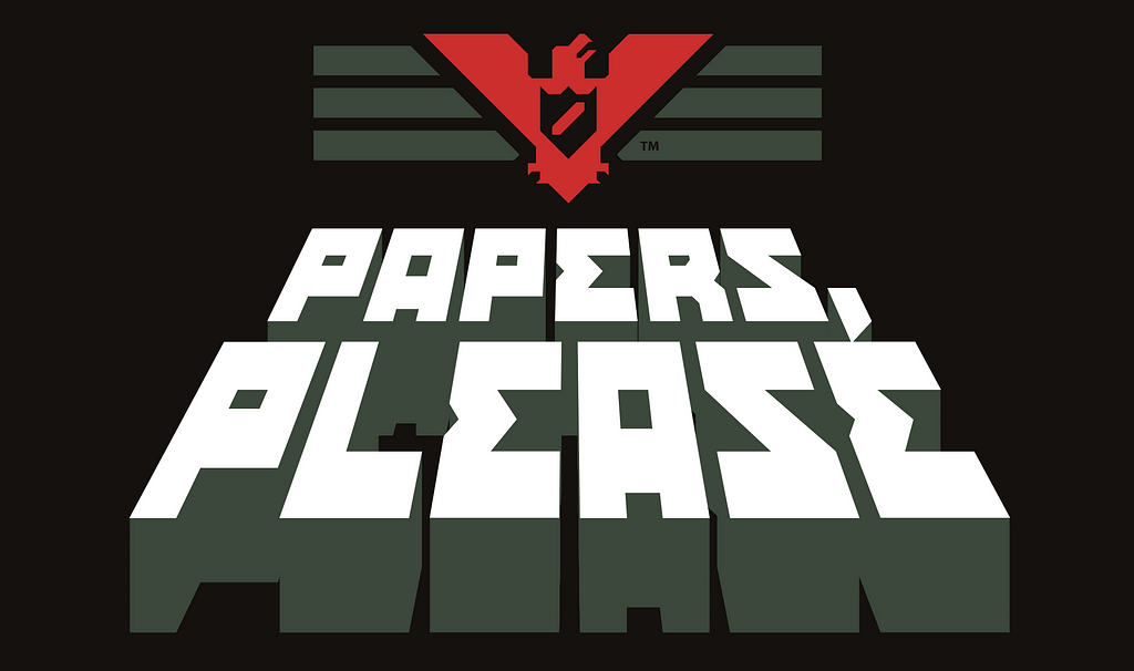 Logo of the video game ‘Papers, Please’ featuring bold, blocky white text on a dark background with a red, stylized eagle emblem at the top.