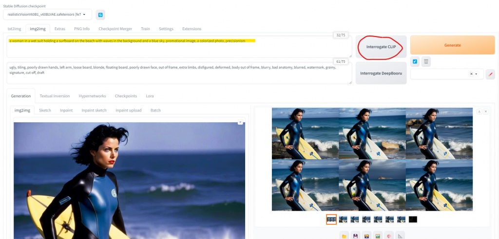 Screenshot of a Stable Diffusion web interface in Automatic1111, displaying an img2img prompt highlighted in yellow, reading “a woman in a wet suit holding a surfboard on the beach with waves in the background and a blue sky, promotional image, a colorized photo, precisionism.” This prompt was created by the “Interrogate CLIP” feature, as indicated by a red oval around the button. On the left side of the screen, a large image of a woman in a wetsuit holding a surfboard on the beach is visible. T