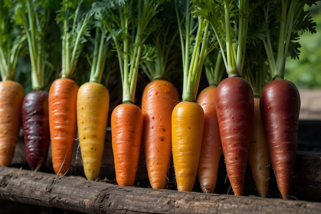 A row of colorful hydroponic carrots in shades of purple, red, orange, and yellow, freshly washed and lined up on a wooden surface.