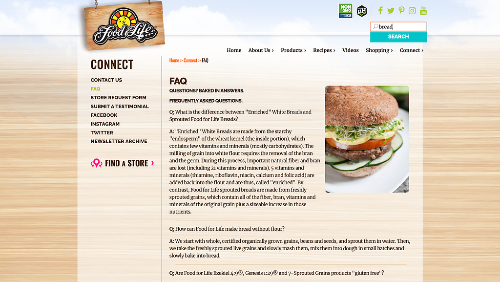 Food for Life FAQ page which answers questions and shows a hamburger with tomato, cucumber, and bean sprouts in a bun