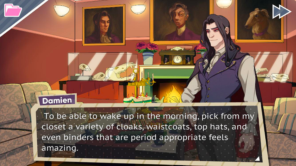 Dad has a conversation with Damien, a goth dad from the neighborhood who dresses like a Victorian-era vampire. Damien says, “To be able to wake up in the morning, pick from my closet a variety of cloaks, waistcoats, top hats, and even binders that are period appropriate feels amazing.”