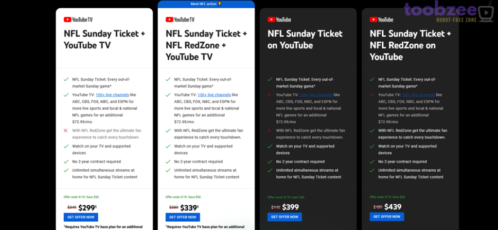 Screenshot of NFL Sunday Ticket plans