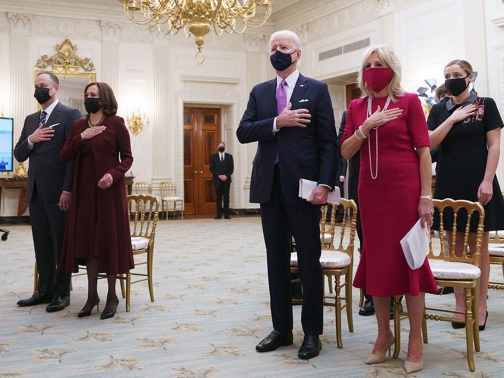 Harris wearing an outfit by Nepalese-American designer Prabal Gurung to an inaugural prayer service on January 21, 2021.
