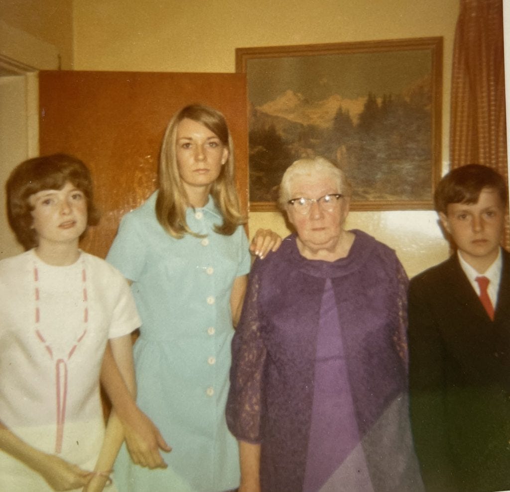 Me, my older sister, my grandmother at age 71, and my cousin in 1970