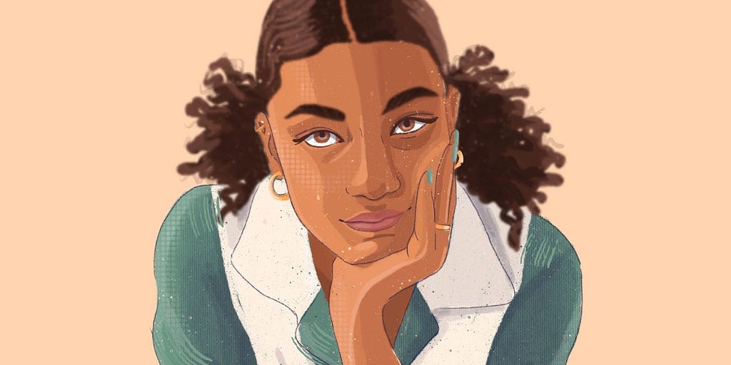 Digital illustration of a girl in a pensive pose, staring straight at the reader
