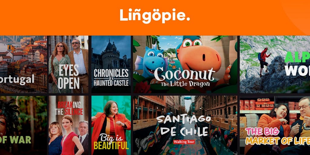 The Lingopie logo on top and various TV and movie options below.