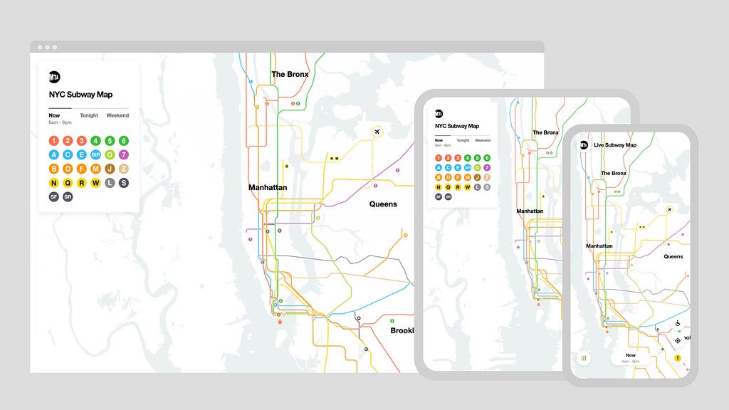 A imagem mostra Mapa do Metro de Nova Iorque em três dispositivos diferentes, web desktop, tablet e celular.