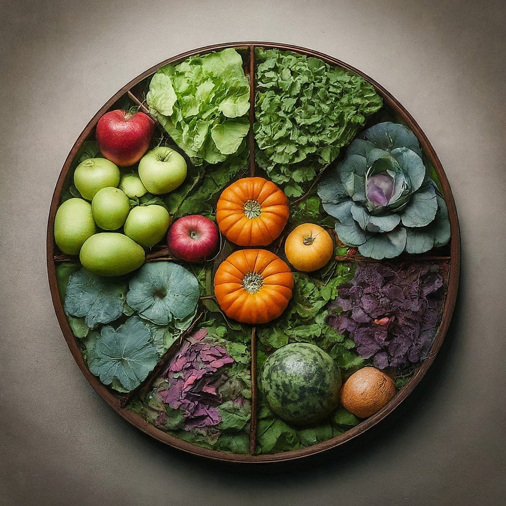 A variety of fresh fruits and vegetables arranged in sections on a circular wooden platter, symbolizing the diversity and sustainability in transforming our food systems.