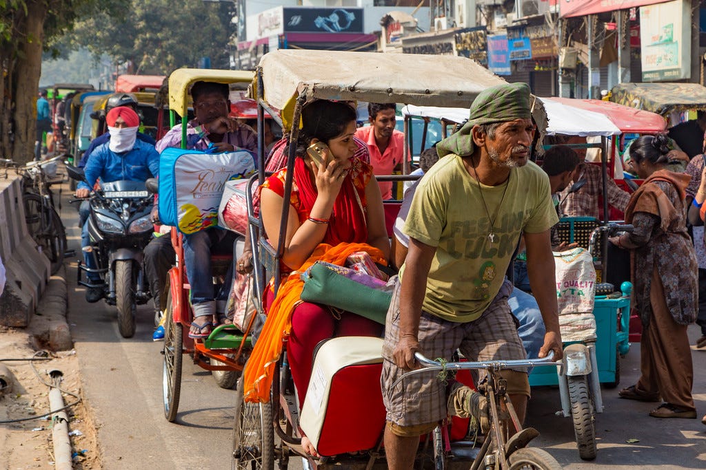 Pedicabs are practical in Delhi, India and still in wide use
