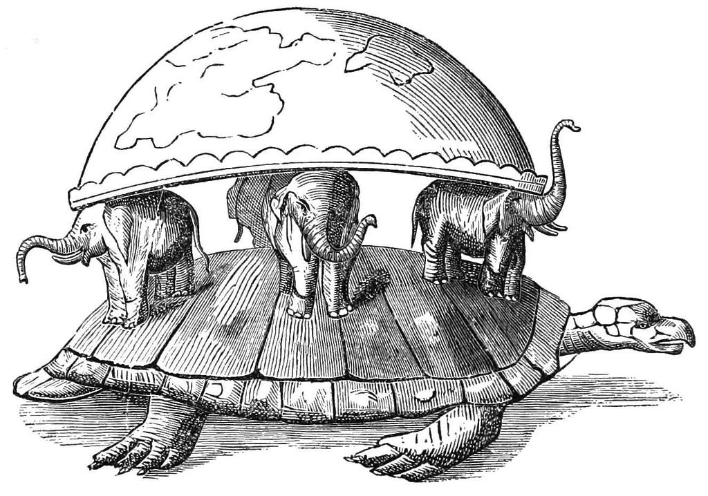 An illustration showing the infinite regress concept of ‘turtles all the way down’