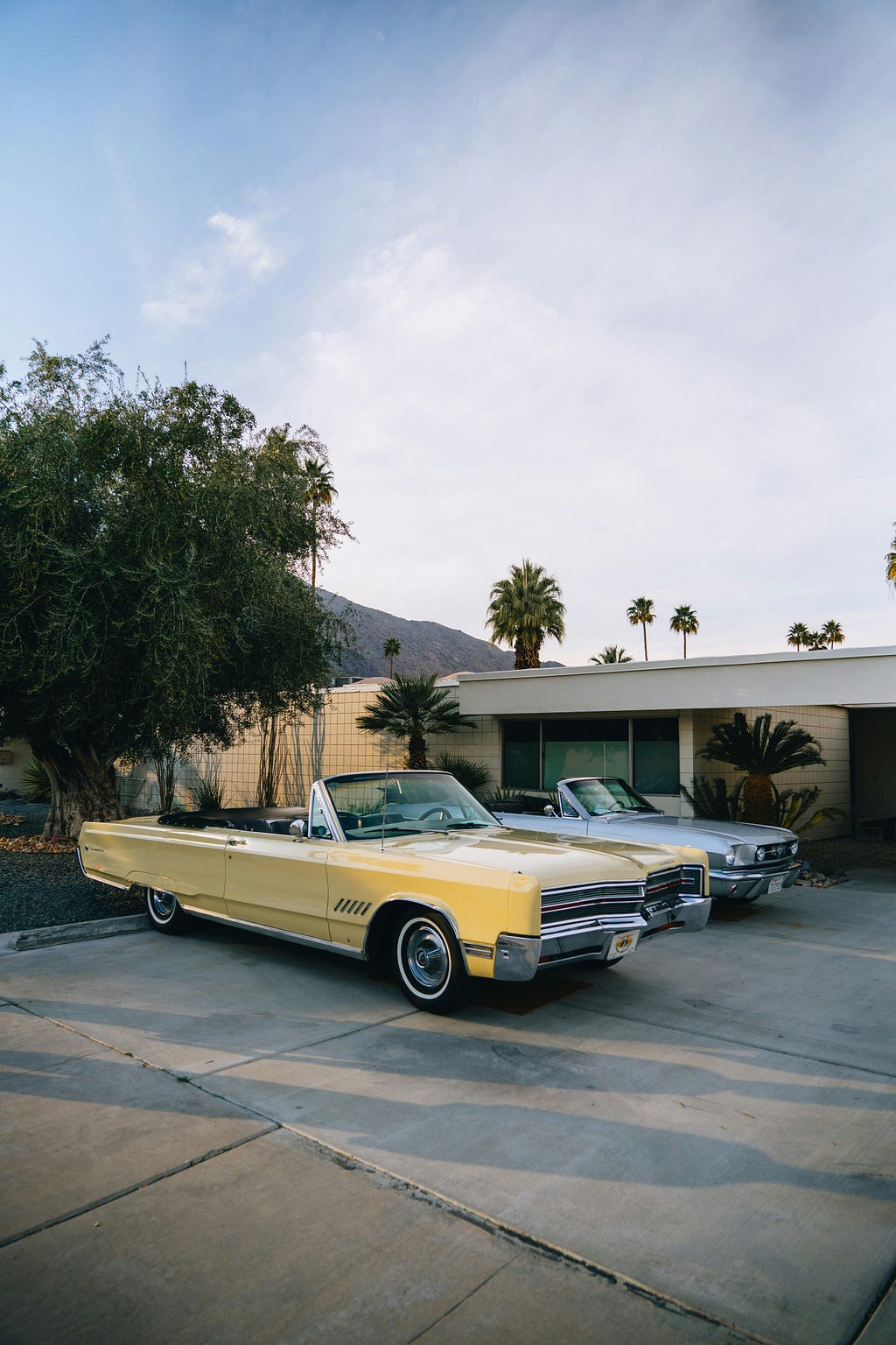 A vintage yellow convertible and a classic gray hardtop car parked on a driveway in front of a mid-century modern home, with palm trees and a mountainous backdrop under a clear sky, evoking the spirit of the American 1950s and 1960s.