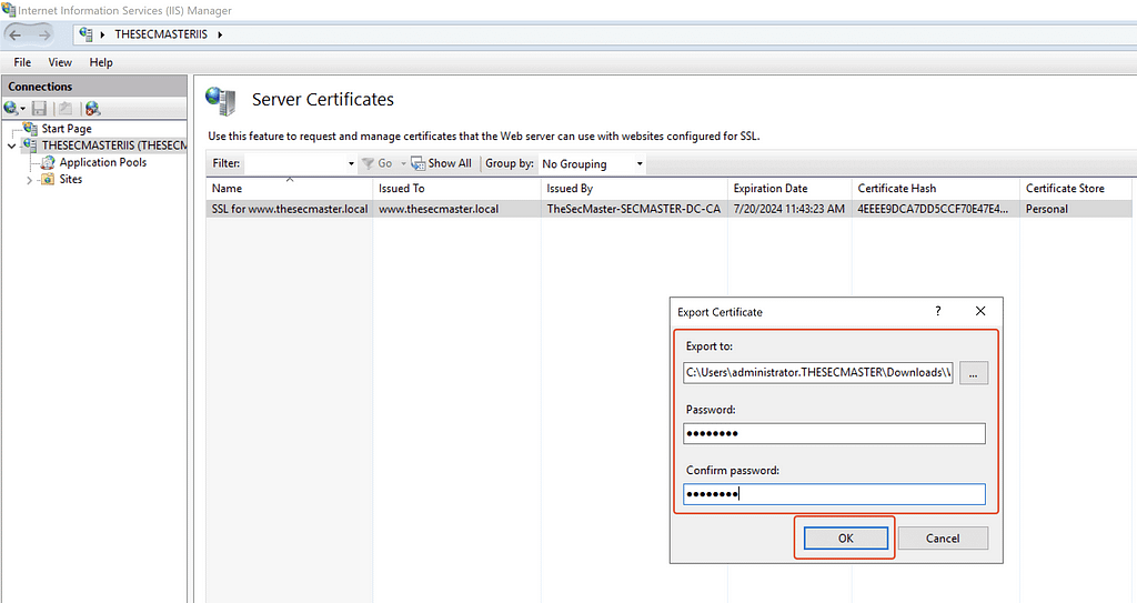 An image of filling location path and password to export the certificate