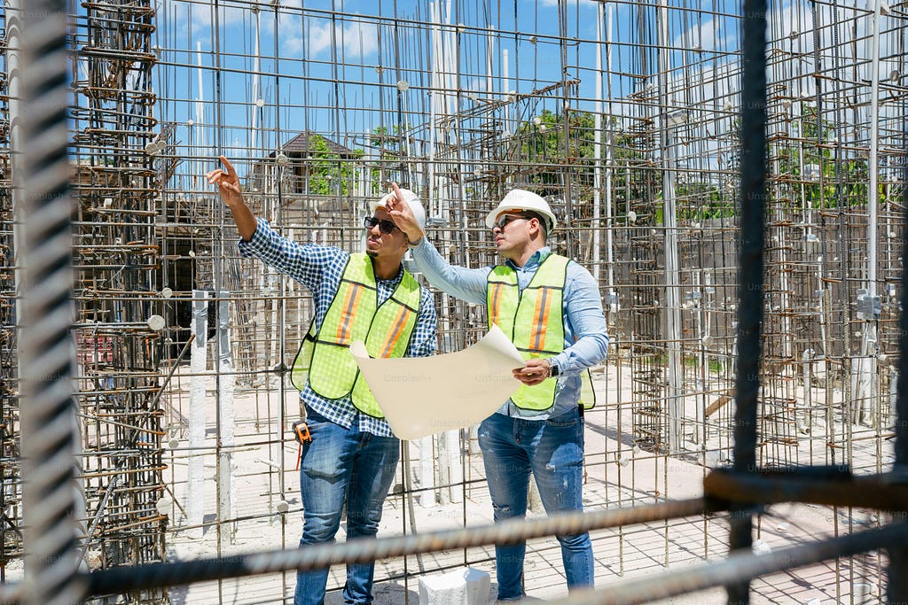 Two guys in hardhats on a construction site holding a piece of paper and pointing