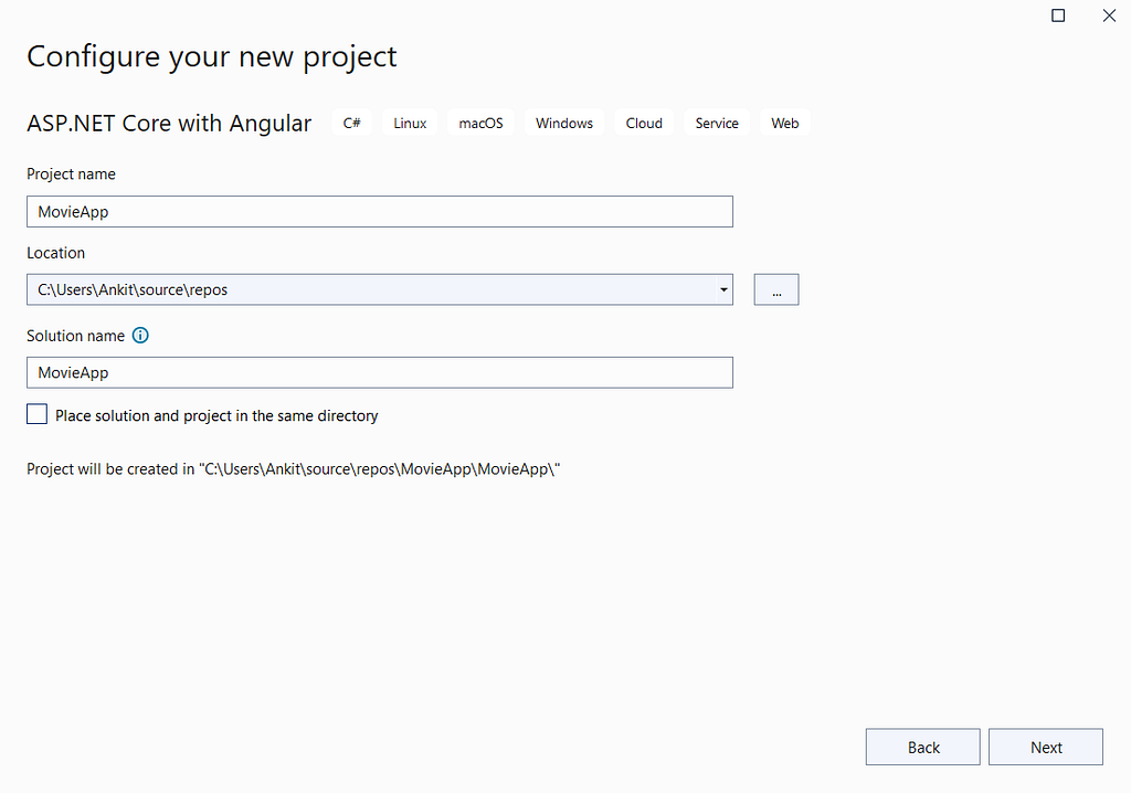 Configure your new project dialog