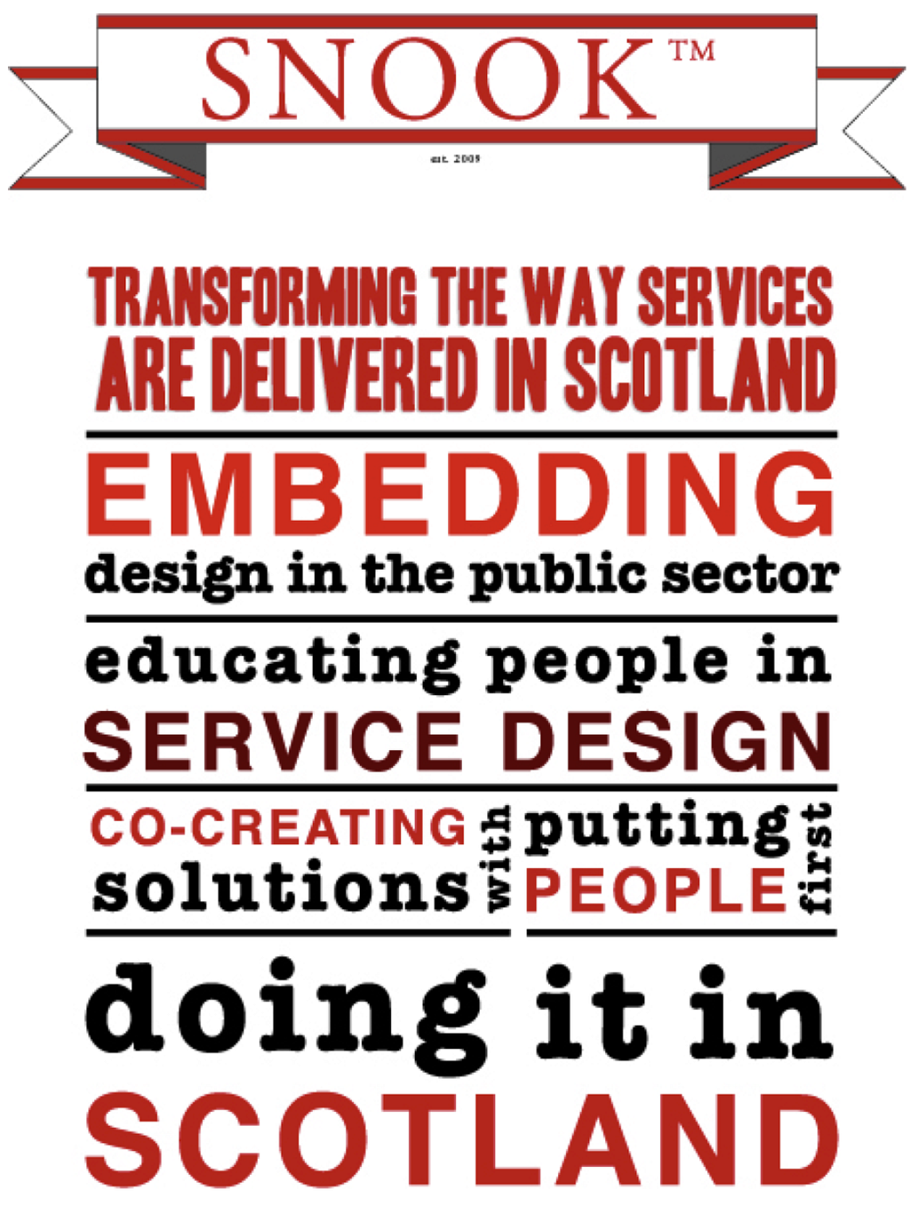 A poster saying ‘Transforming the way services are delivered in Scotland, embedding design in the public sector, educating people in service design, co-creating solutions with putting people first.