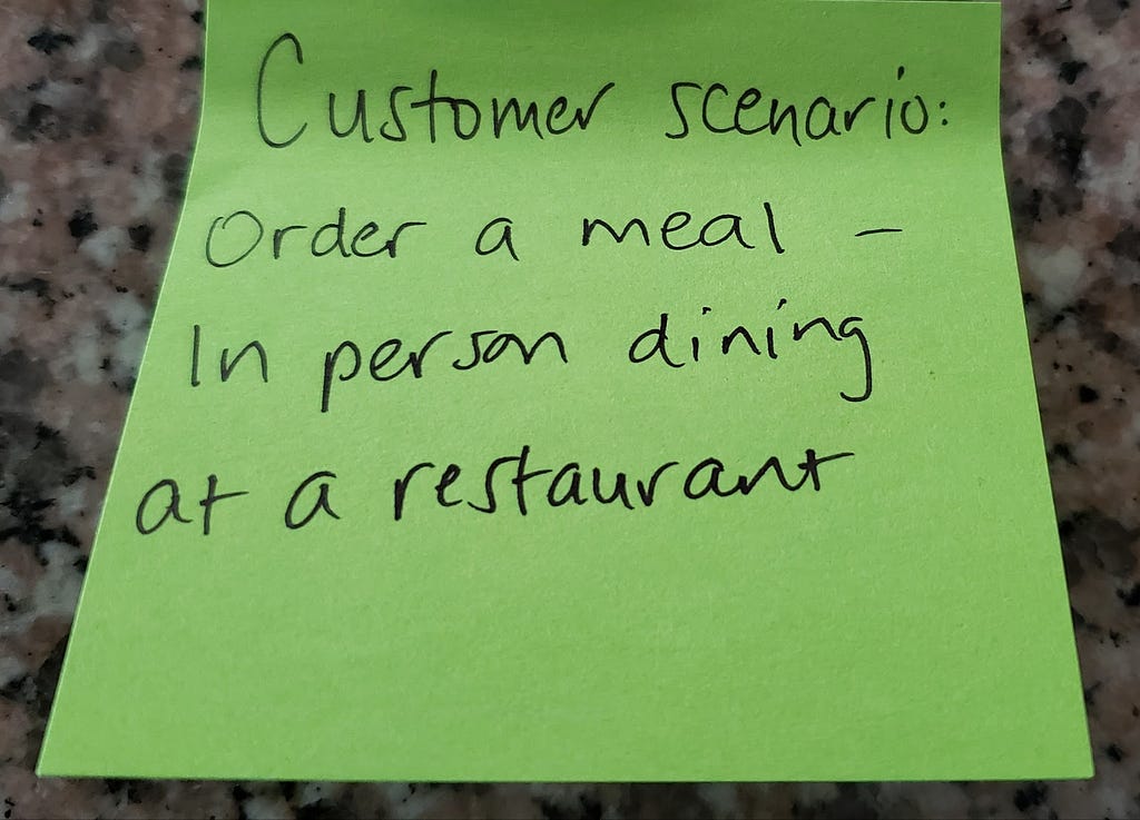 A sticky note that reads customer scenario — order a meal — in person dining at a restaurant.
