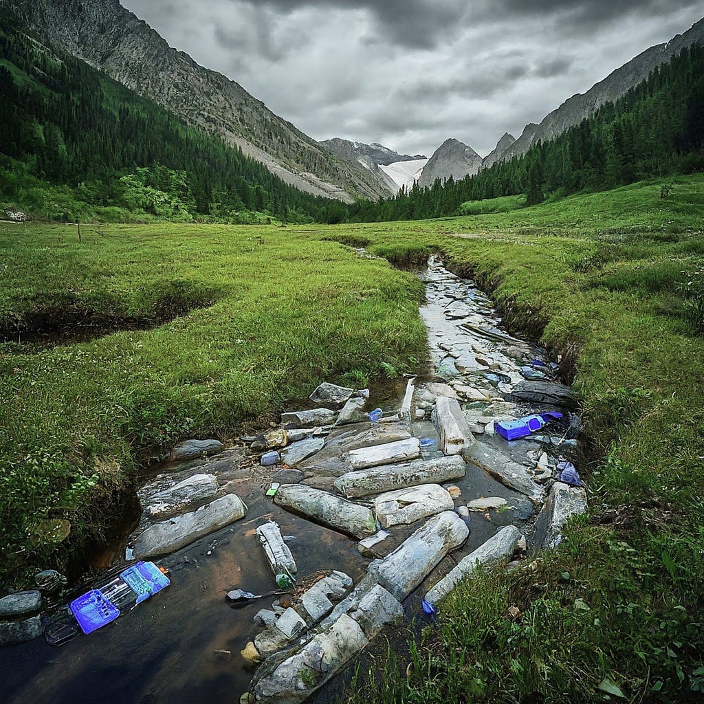 A serene mountain stream, surrounded by lush greenery and towering peaks, is marred by the presence of discarded plastic water bottles, illustrating the environmental impact of bottled water consumption and plastic waste. The contrast between the natural beauty and human pollution is stark and impactful.