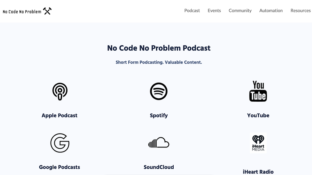 The No Code No Problem Podcast Webpage
