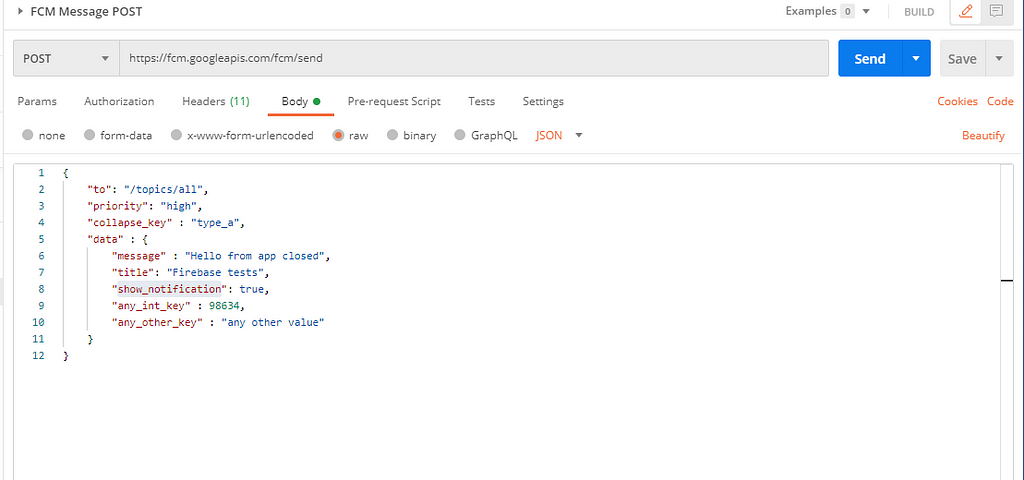 Postman interface with json body