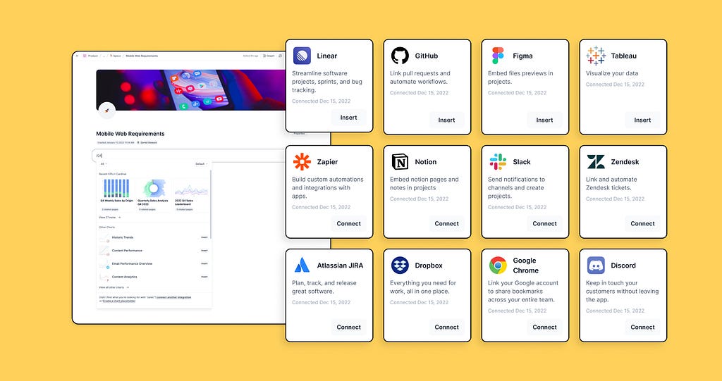 Cardinal product UI showing a slash menu to insert product data or data visualizations from a vast array of integrations, many of which are displayed in a grid to the side of the product UI.