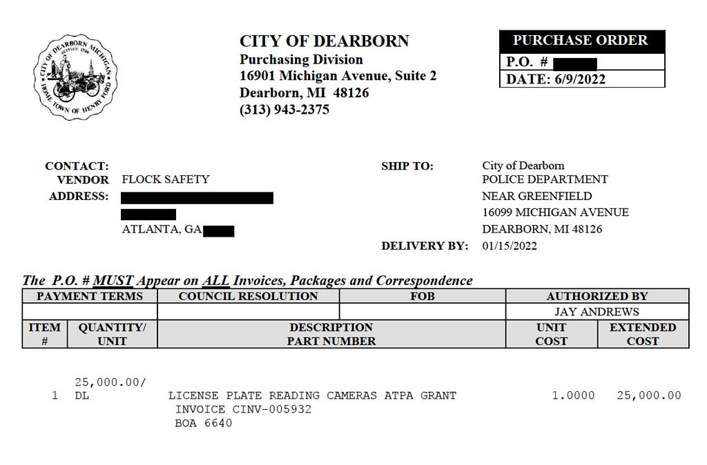 Purchase order for Flock Safety services from City of Dearborn Police Department dated 6/9/2022. Text “License plate reading cameras ATPA grant $25,000”