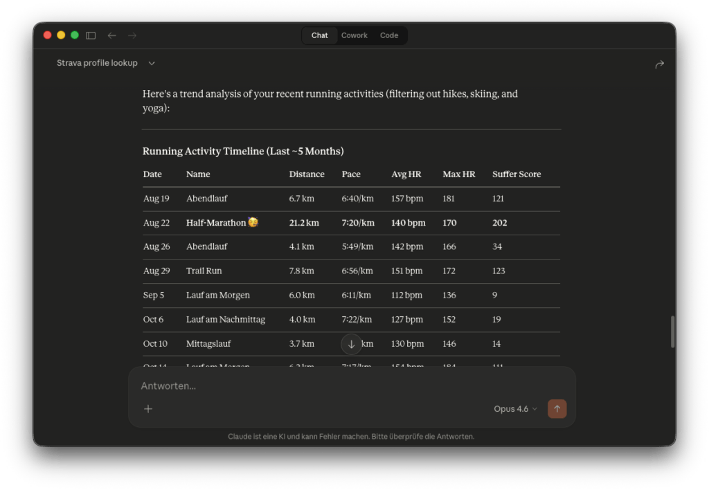 Longterm Strava stats in Claude chat