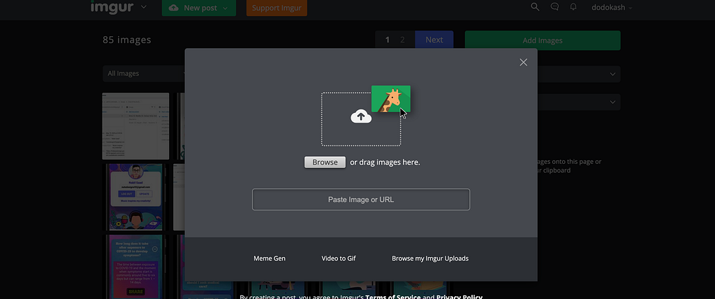 A screenshot of an imgur account to demonstrate how to add images to an imgur account