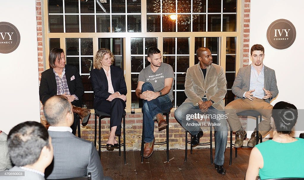 NEW YORK, NY - FEBRUARY 19:  Panelists (L-R) Johnnie Lee, Hillary Schafer, Nick Taranto, Ntiedo Etuk and Jourdan Urbach attend the IvyConnect 1st Anniversary Celebration at Bleecker Street Arts Club on February 19, 2014 in New York City.  (Photo by Andrew H. Walker/Getty Images for Ivy Connect)