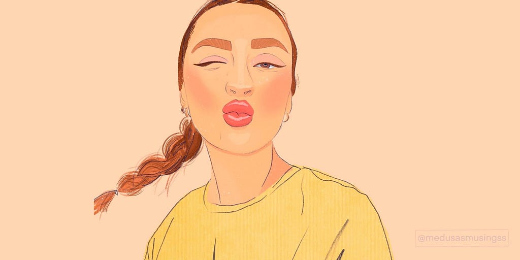 Digital illustration of a girl with a braid making a kissing face