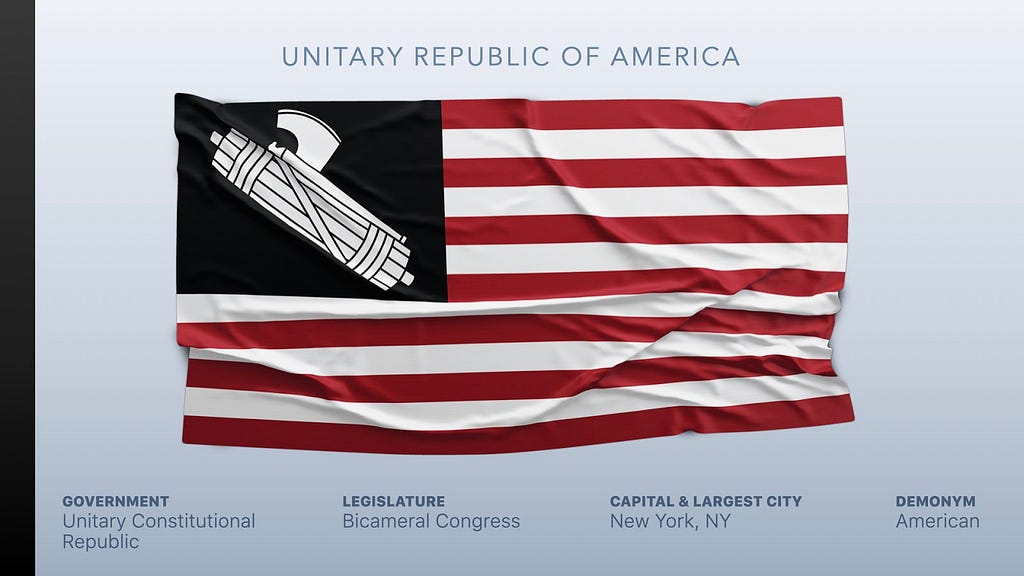 A realistic mockup of a wrinkled flag of an altered USA flag on a grey gradient background, bordered by title and statistics